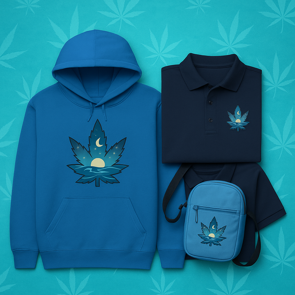 Blue hoodie, navy polo, and matching crossbody bag featuring a moonlit ocean landscape inside a cannabis leaf silhouette, all set against a turquoise leafy background.