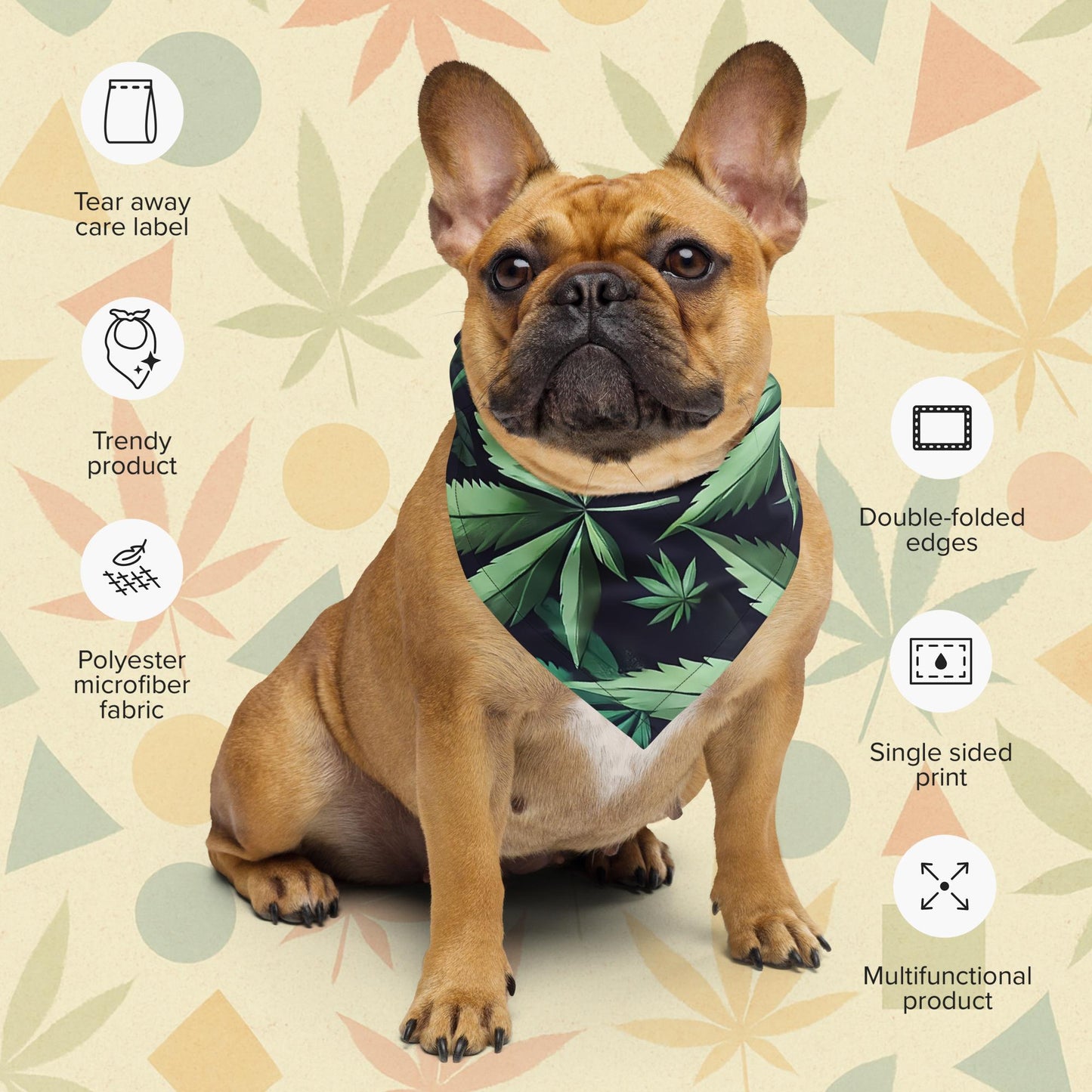 Chill Monkey pet bandana with cannabis leaf pattern, streetwear 420 single-sided print, size S, front view, white base.