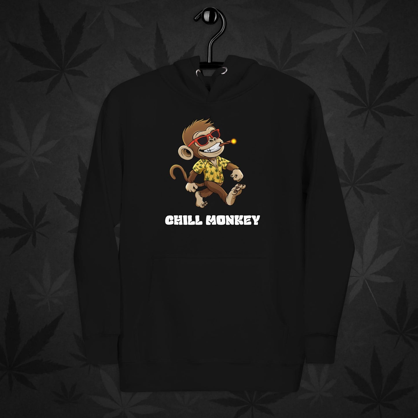 Black hoodie with smoking cartoon monkey – Chill Monkey 420 streetwear design