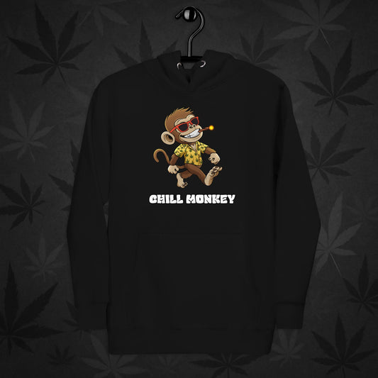 Black hoodie with smoking cartoon monkey – Chill Monkey 420 streetwear design