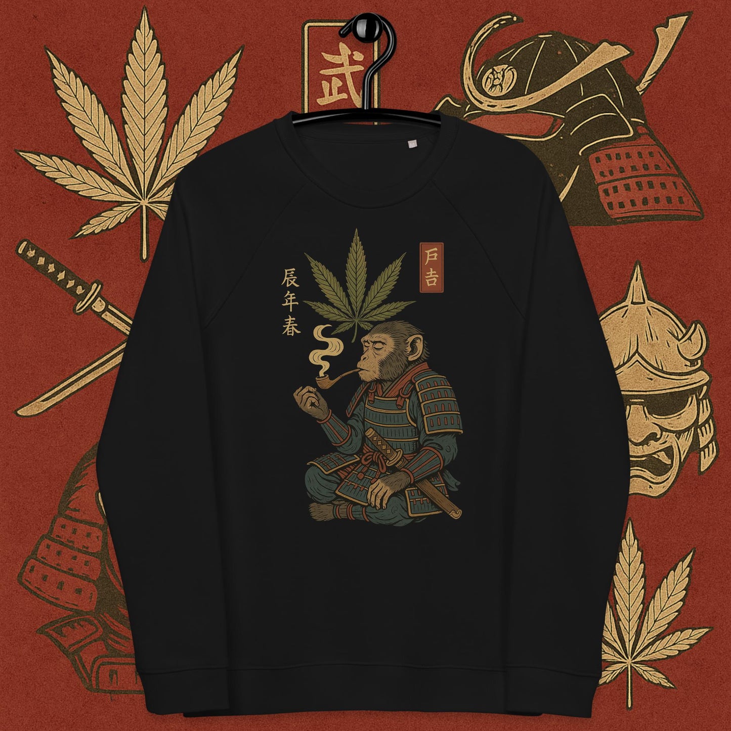Black sweatshirt featuring samurai smoking with cannabis leaf – 420 Bushido weed vibes streetwear