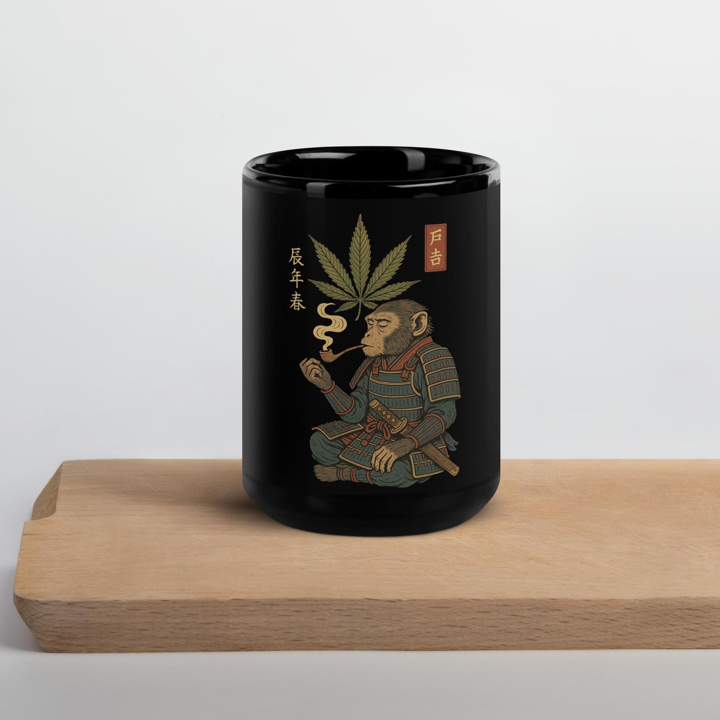 Black ceramic mug with samurai and cannabis leaf art – 420 Bushido chill vibes coffee cup