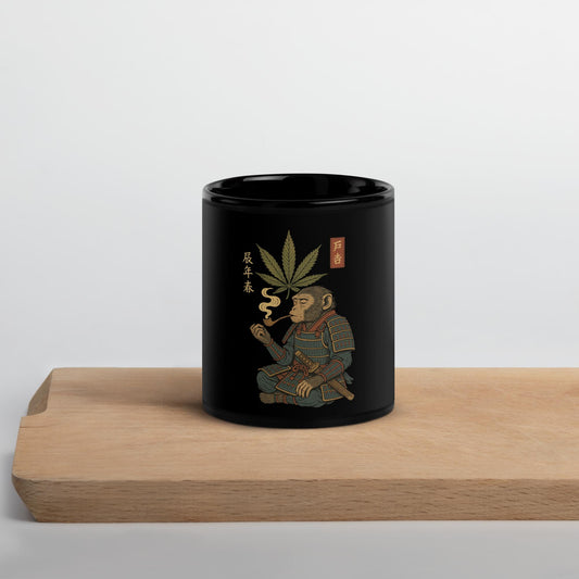 Black ceramic mug with samurai and cannabis leaf art – 420 Bushido chill vibes coffee cup 11 oz