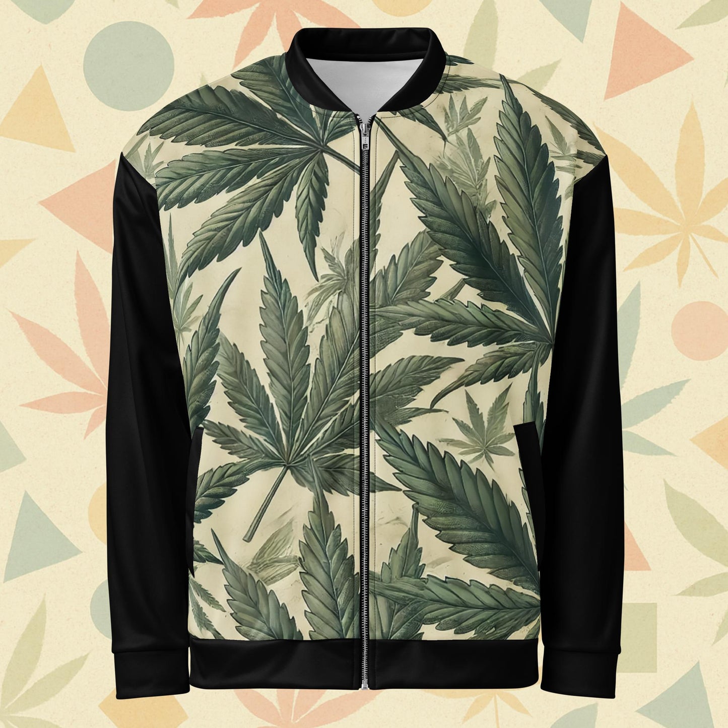Chill Monkey unisex bomber jacket with vintage cannabis leaf pattern, black sleeves and collar, streetwear 420 style, front view on ivory base.