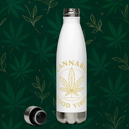 Chill Monkey stainless steel bottle “Gold Leaf” with matte-gold cannabis emblem and “Good Vibes” text, 17-oz vacuum flask, front view, white color.