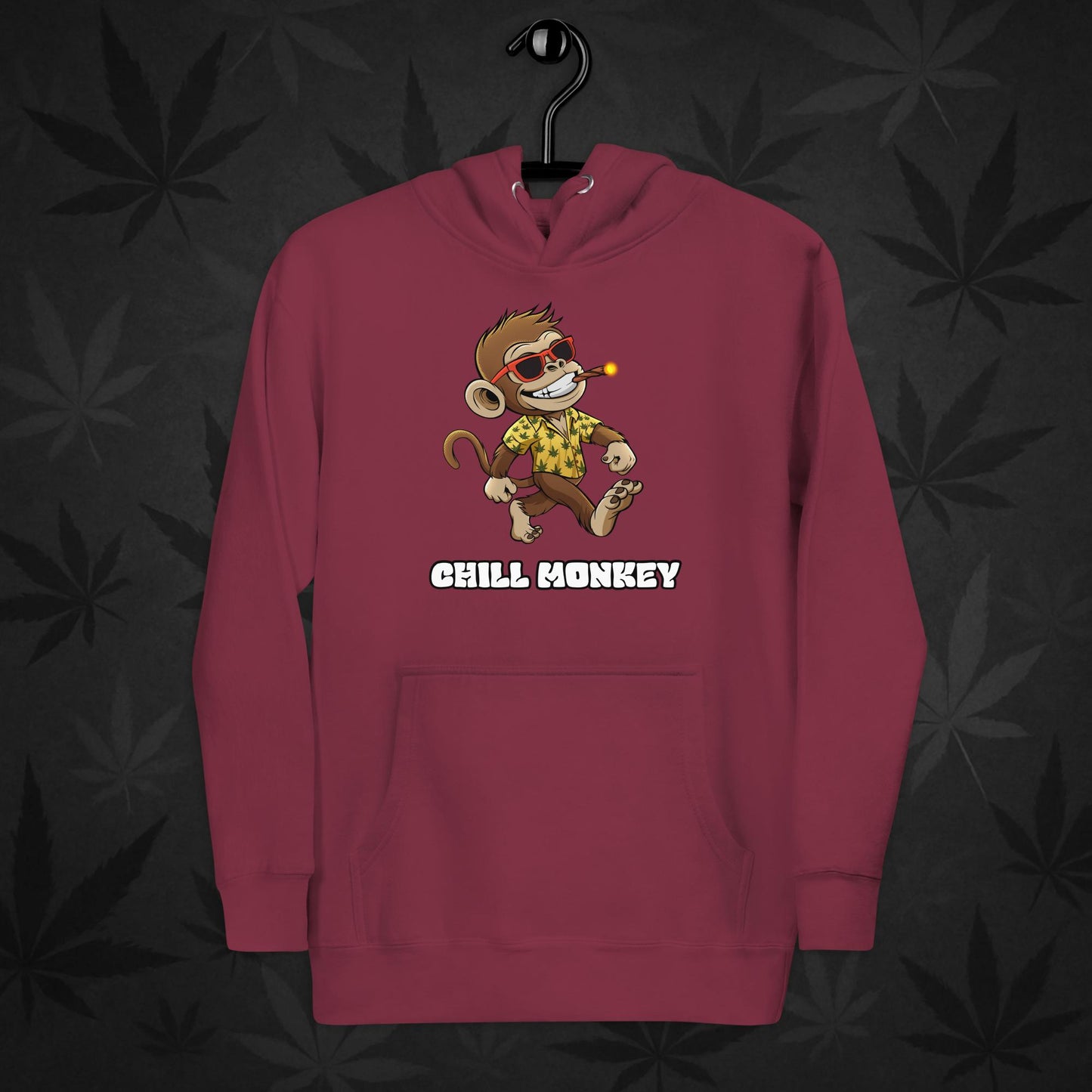 Carmesi hoodie with smoking cartoon monkey – Chill Monkey 420 streetwear design