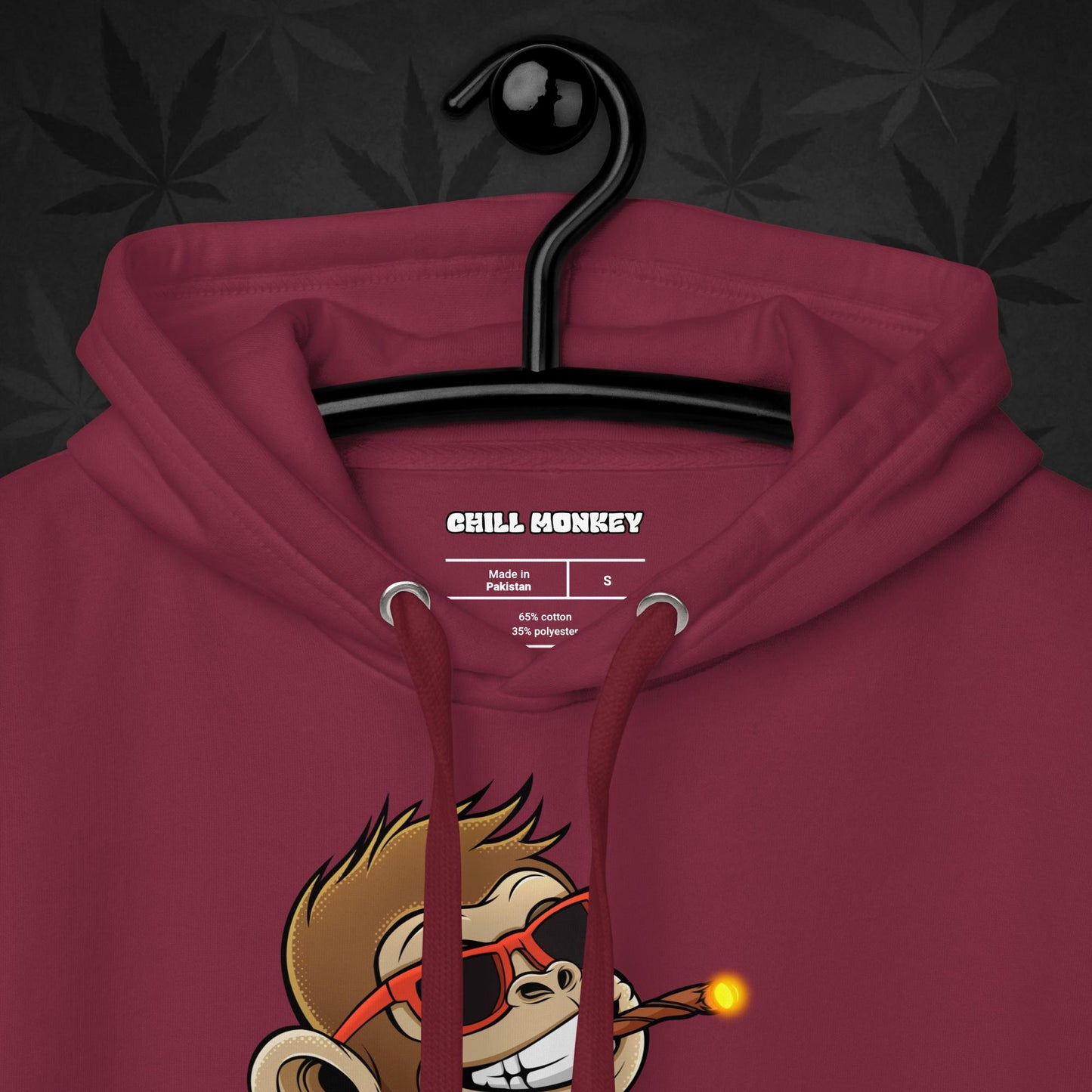 Carmesi hoodie with smoking cartoon monkey – Chill Monkey 420 streetwear design