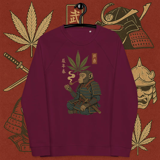Carmesi sweatshirt featuring samurai smoking with cannabis leaf – 420 Bushido weed vibes streetwear