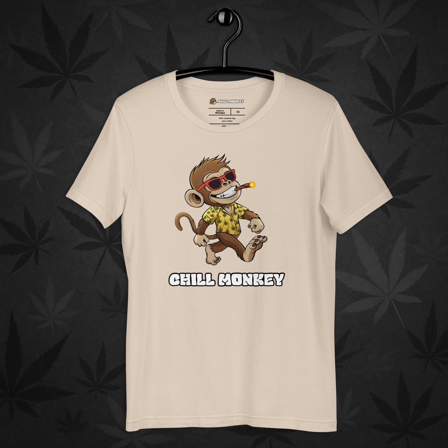 Beige 420 streetwear shirt with full Chill Monkey logo – unisex cannabis-inspired fashion tee