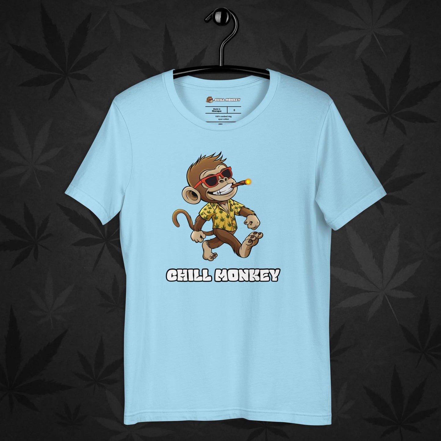Blue 420 streetwear shirt with full Chill Monkey logo – unisex cannabis-inspired fashion tee