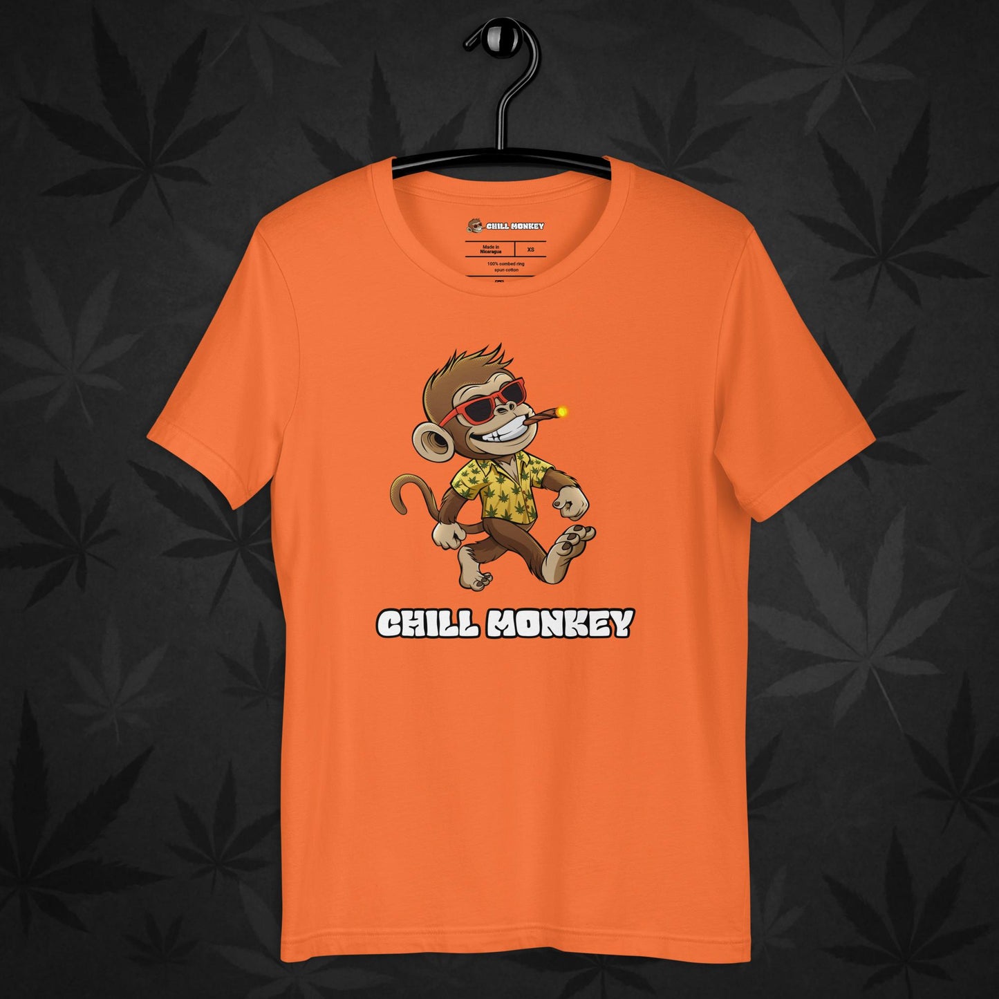 Orange 420 streetwear shirt with full Chill Monkey logo – unisex cannabis-inspired fashion tee