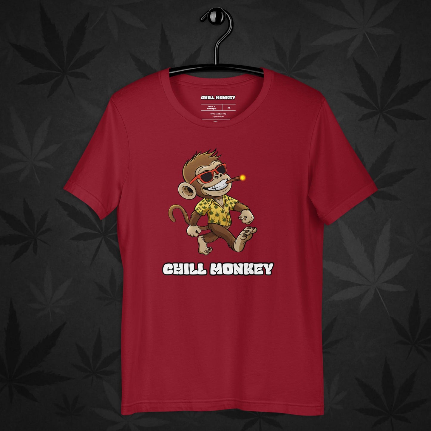 Red 420 streetwear shirt with full Chill Monkey logo – unisex cannabis-inspired fashion tee