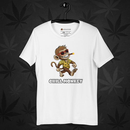 White 420 streetwear shirt with full Chill Monkey logo – unisex cannabis-inspired fashion tee