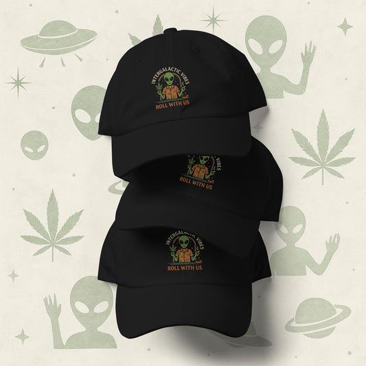 Chill Monkey dad hat “Alien Weed” streetwear 420 with embroidered alien smoking cannabis, spruce black front view.