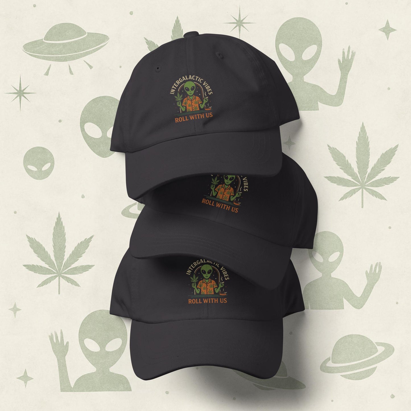 Chill Monkey dad hat “Alien Weed” streetwear 420 with embroidered alien smoking cannabis, spruce grey front view.