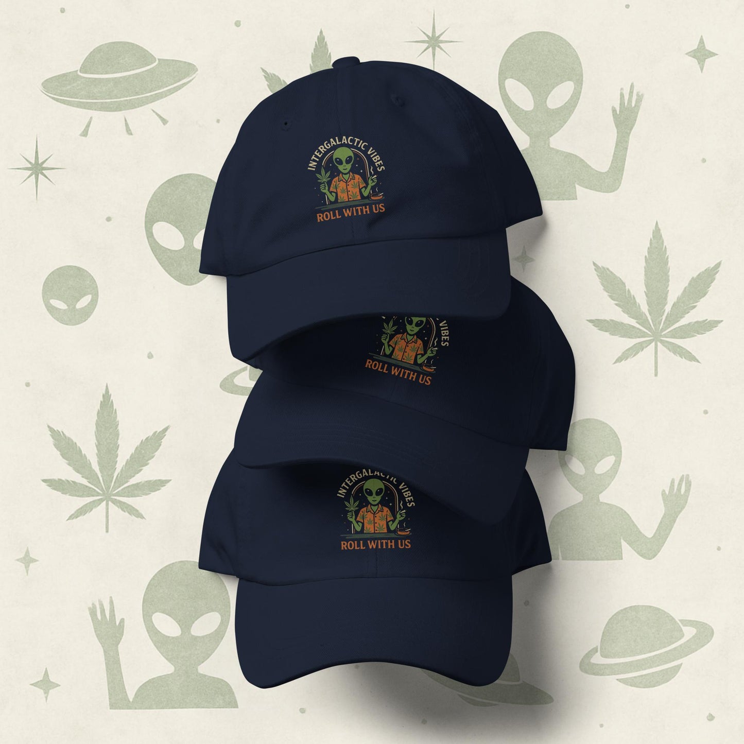Chill Monkey dad hat “Alien Weed” streetwear 420 with embroidered alien smoking cannabis, spruce navy front view.