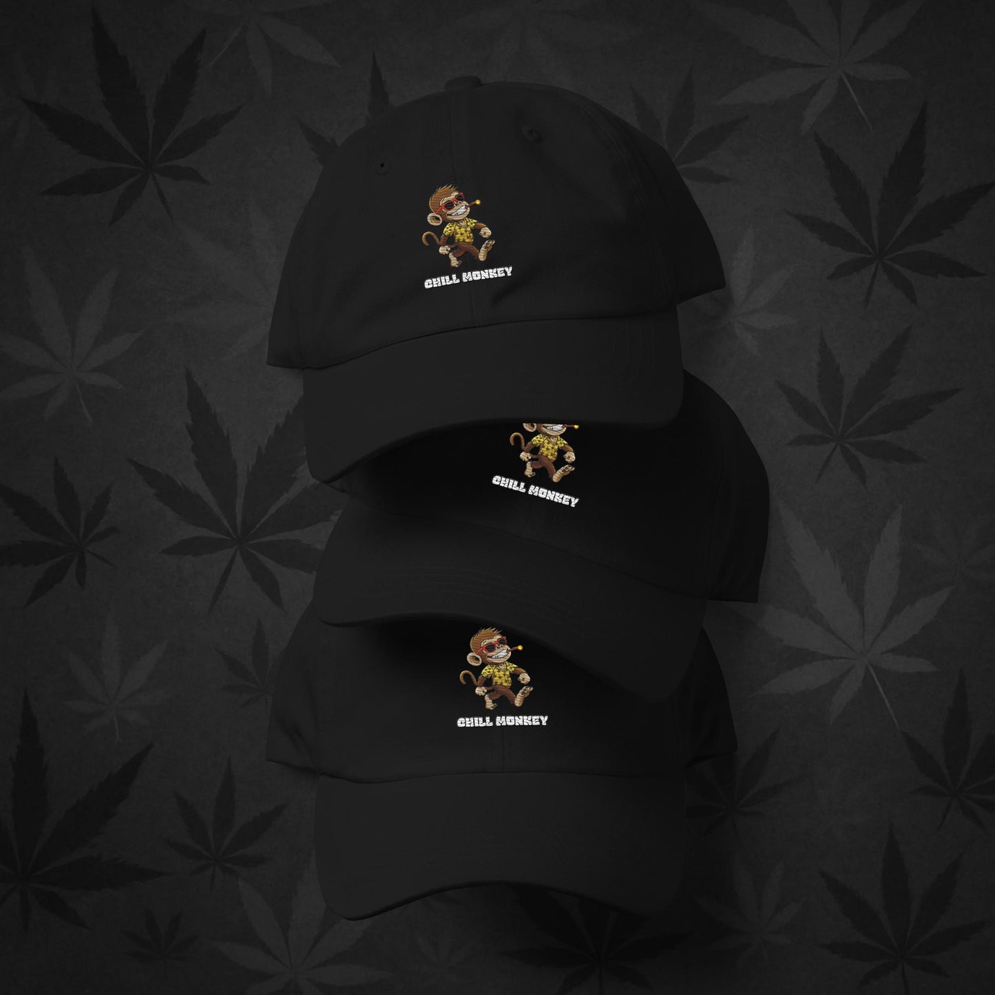 Chill Monkey dad hat with embroidered Chill Monkey mascot smoking cannabis, streetwear 420 accessory, black color front view.