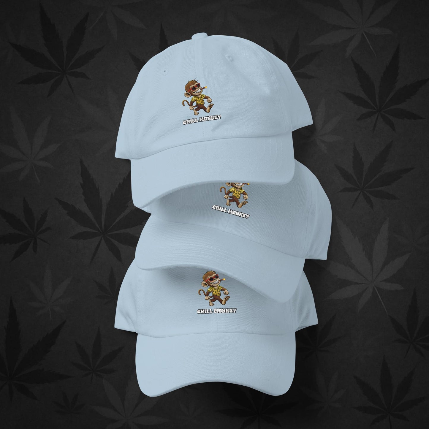 Chill Monkey dad hat with embroidered Chill Monkey mascot smoking cannabis, streetwear 420 accessory, blue color front view.