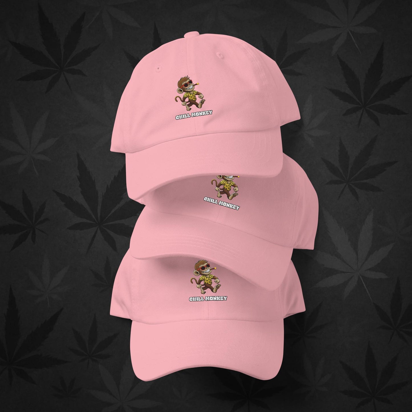 Chill Monkey dad hat with embroidered Chill Monkey mascot smoking cannabis, streetwear 420 accessory, pink color front view.