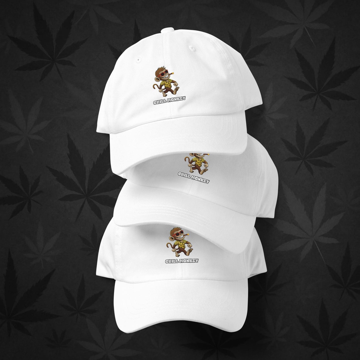 Chill Monkey dad hat with embroidered Chill Monkey mascot smoking cannabis, streetwear 420 accessory, white color front view.