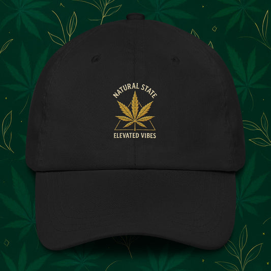Chill Monkey dad hat “Gold Leaf” streetwear 420 with matte-gold cannabis leaf embroidery and “Natural State • Elevated Vibes” text, front view, spruce black color.