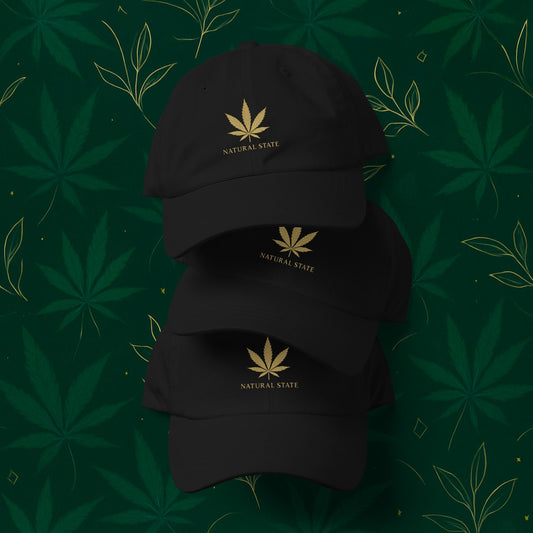 Chill Monkey dad hat “Gold Leaf” streetwear 420 with matte-gold cannabis leaf and “Natural State” text, front view, black color.