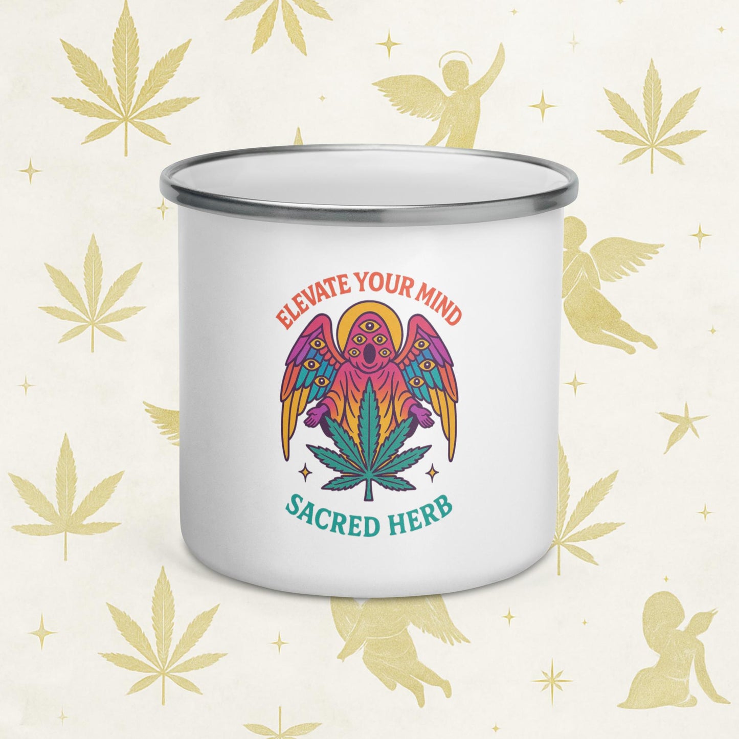 Chill Monkey enamel camping mug “Elevate Your Mind – Sacred Herb” cannabis 420 design with psychedelic bird and leaf, white 12-oz front view.