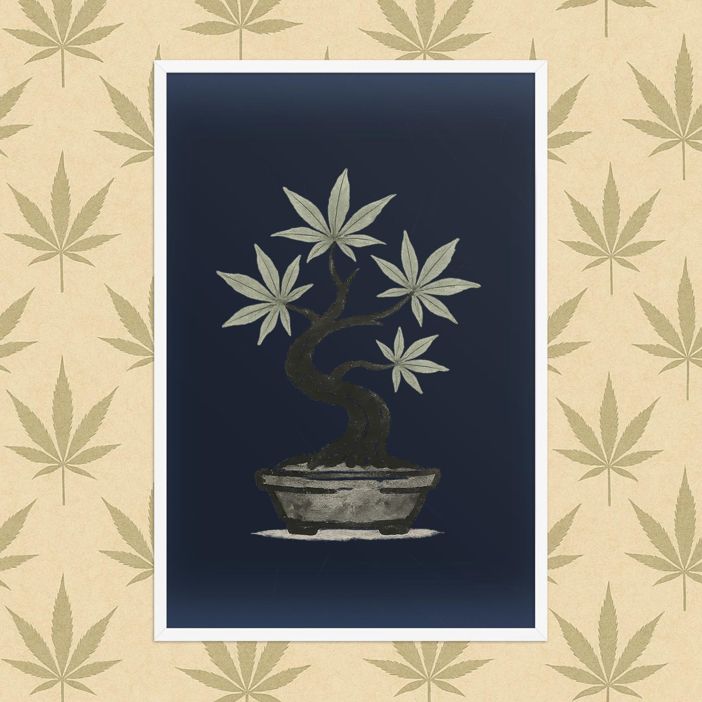 Framed 24x36 matte poster of an ink-style cannabis bonsai on a deep navy background, displayed in a simple white frame against a neutral leaf-pattern backdrop.