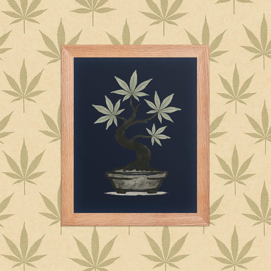 Framed 8×10 matte poster of an ink-style cannabis bonsai on a deep wood background, displayed in a simple white frame against a neutral leaf-pattern backdrop.