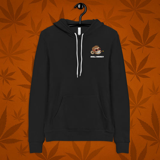 Chill Monkey pullover hoodie with embroidered Chill Monkey mascot smoking cannabis joint, streetwear 420 chest logo, front view, black color.