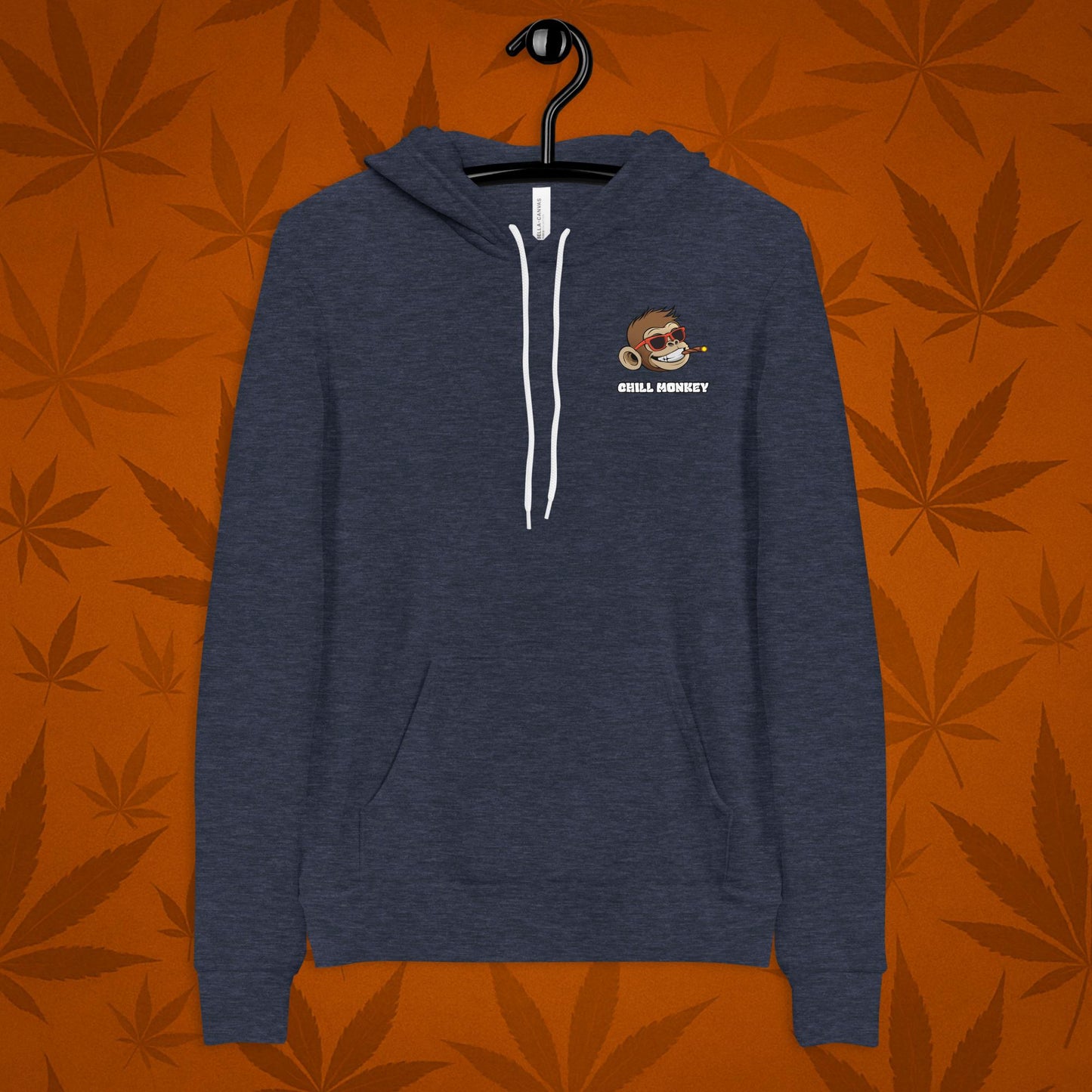 Chill Monkey pullover hoodie with embroidered Chill Monkey mascot smoking cannabis joint, streetwear 420 chest logo, front view, dark grey color.