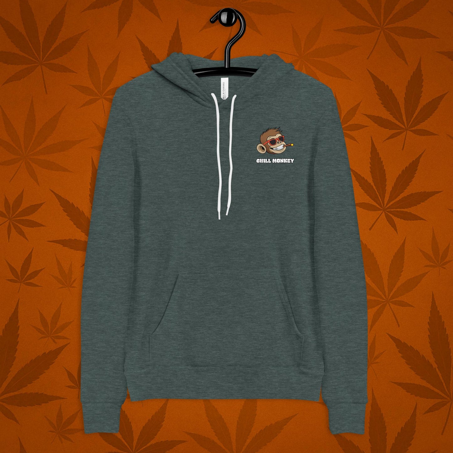 Chill Monkey pullover hoodie with embroidered Chill Monkey mascot smoking cannabis joint, streetwear 420 chest logo, front view, white grey.