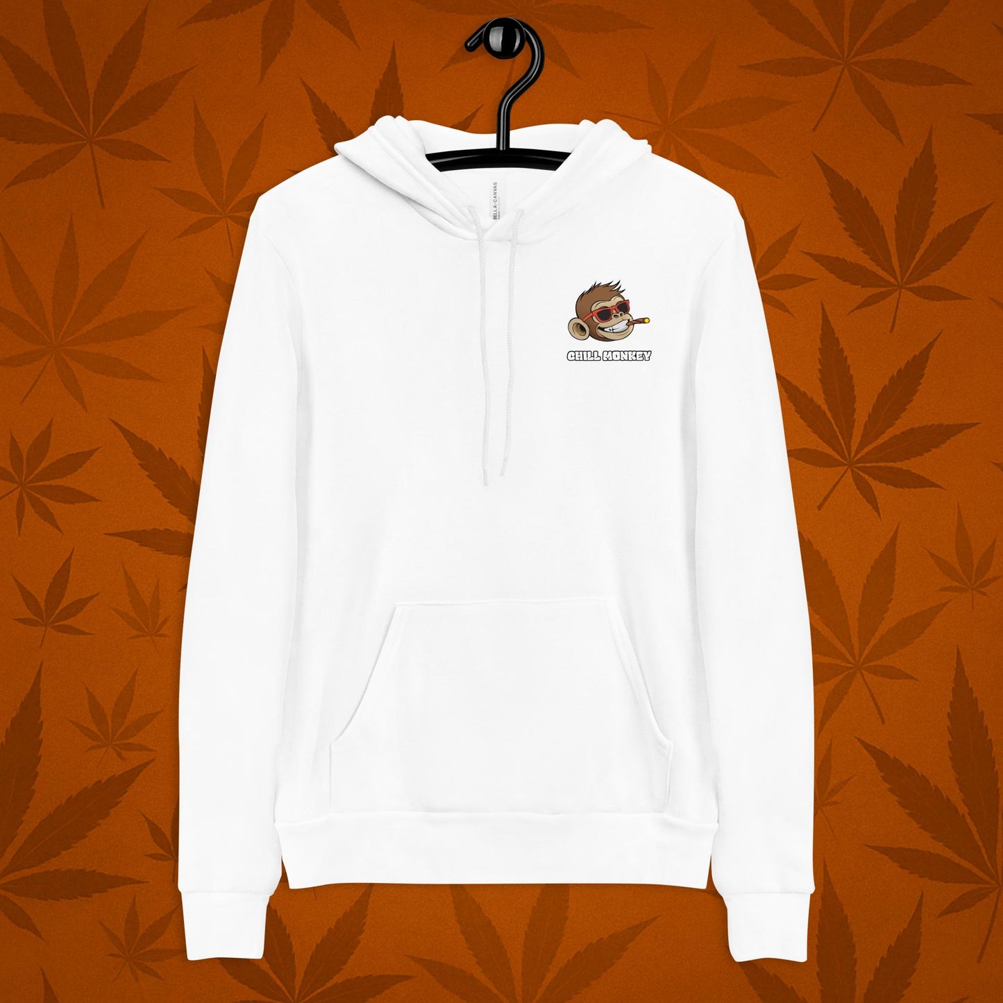 Chill Monkey pullover hoodie with embroidered Chill Monkey mascot smoking cannabis joint, streetwear 420 chest logo, front view, white color.
