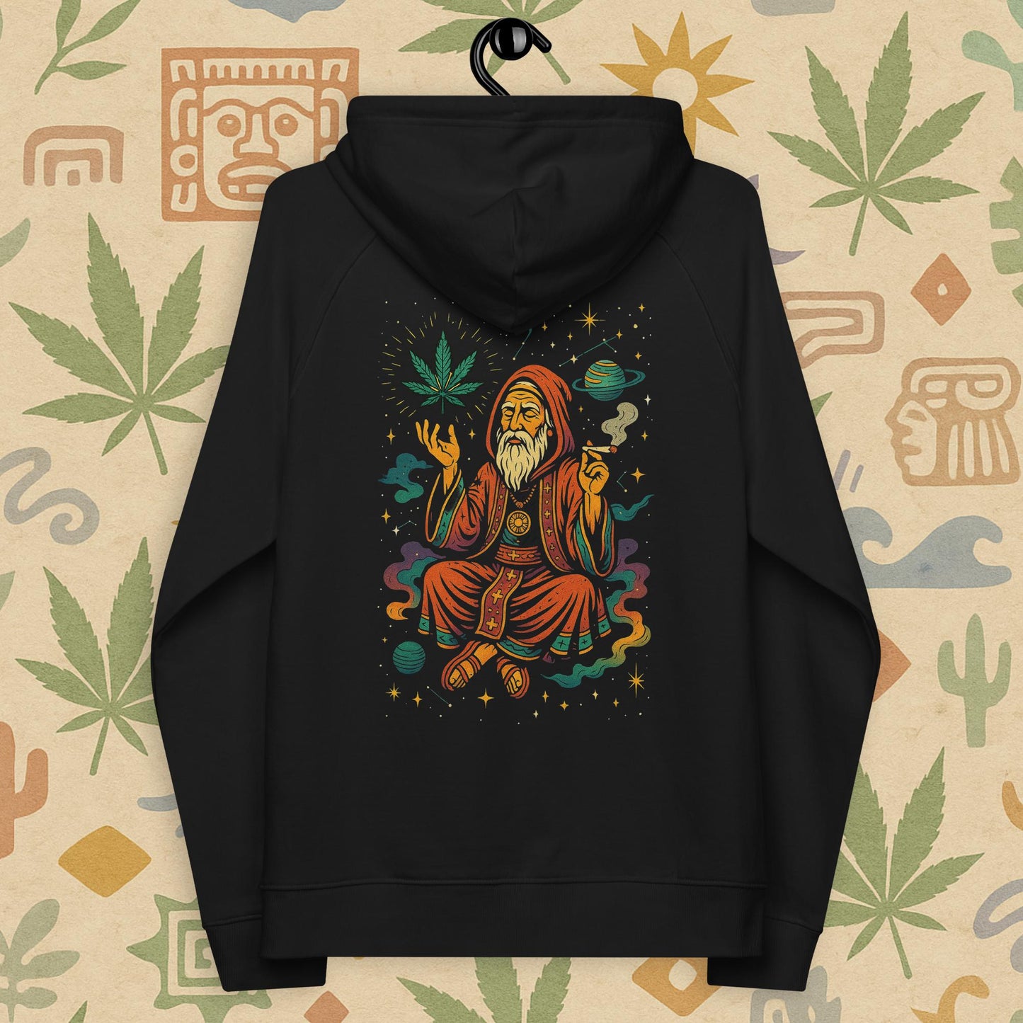 Chill Monkey eco raglan hoodie “Cosmic Wizard” streetwear 420 featuring meditating wizard, glowing cannabis leaf and cosmic motifs, back print view, black color.