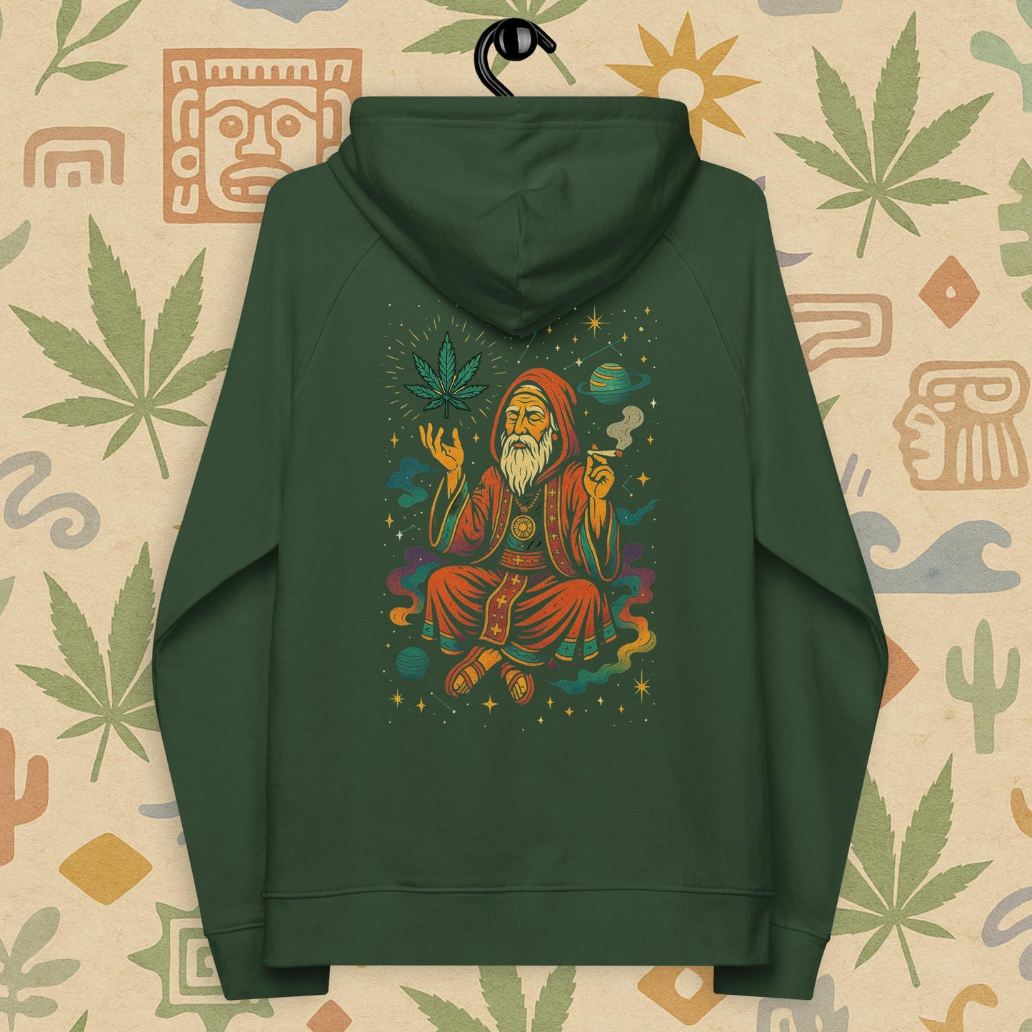 Chill Monkey eco raglan hoodie “Cosmic Wizard” streetwear 420 featuring meditating wizard, glowing cannabis leaf and cosmic motifs, back print view, bottle-green color.
