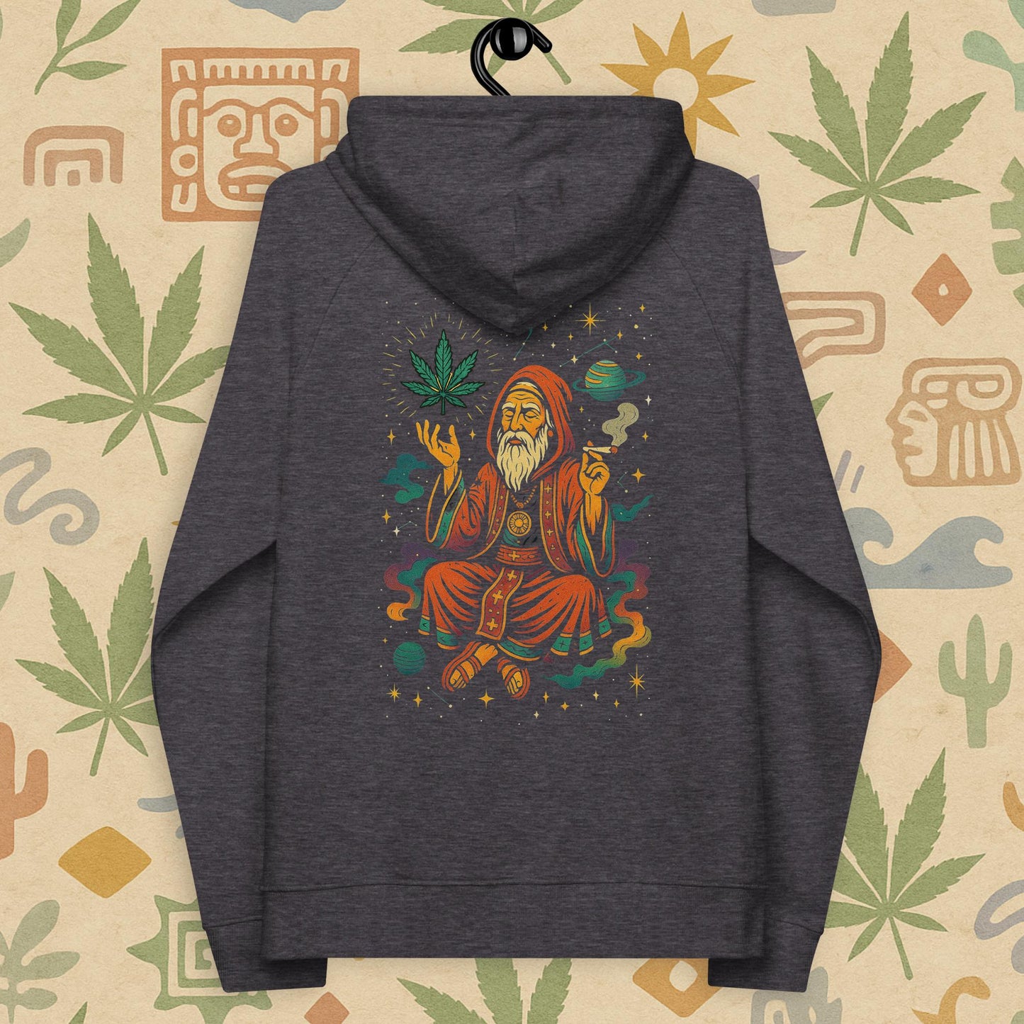Chill Monkey eco raglan hoodie “Cosmic Wizard” streetwear 420 featuring meditating wizard, glowing cannabis leaf and cosmic motifs, back print view, grey color.