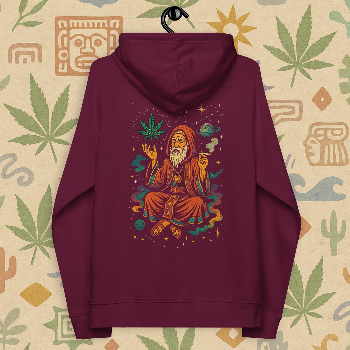 Chill Monkey eco raglan hoodie “Cosmic Wizard” streetwear 420 featuring meditating wizard, glowing cannabis leaf and cosmic motifs, back print view, red color.
