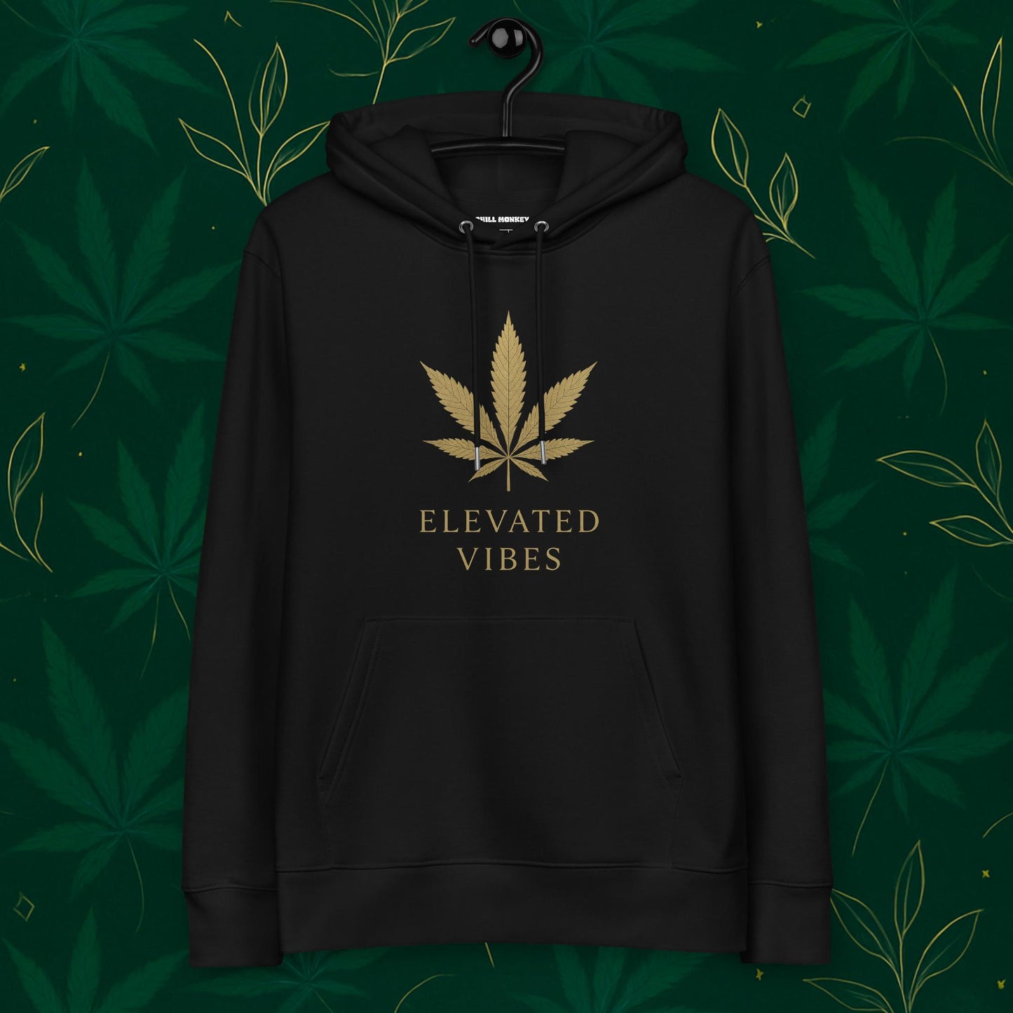 Chill Monkey eco hoodie “Elevated Vibes” with minimalist gold cannabis leaf chest logo, streetwear 420 style, front view, French black color.