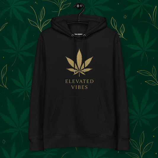Chill Monkey eco hoodie “Elevated Vibes” with minimalist gold cannabis leaf chest logo, streetwear 420 style, front view, French black color.