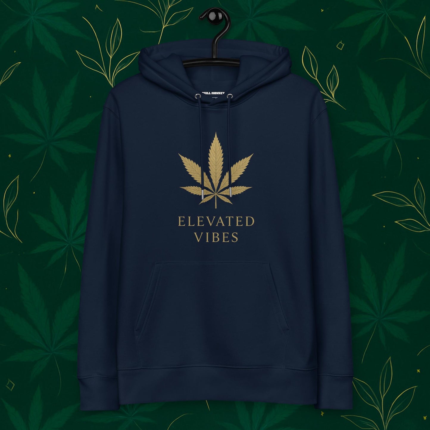 Chill Monkey eco hoodie “Elevated Vibes” with minimalist gold cannabis leaf chest logo, streetwear 420 style, front view, French navy color.