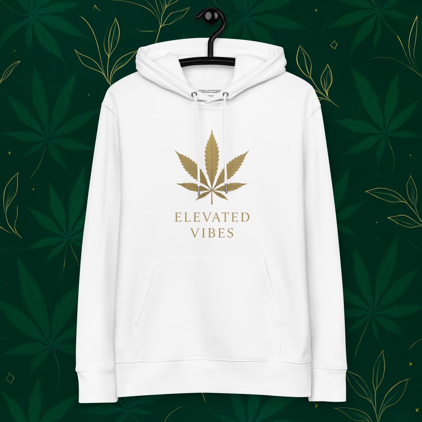 Chill Monkey eco hoodie “Elevated Vibes” with minimalist gold cannabis leaf chest logo, streetwear 420 style, front view, French white color.