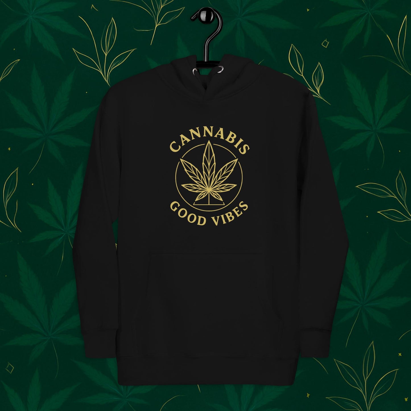 Chill Monkey premium hoodie “Good Vibes” with matte-gold cannabis leaf emblem and circular text, streetwear 420 style, front view, black color.