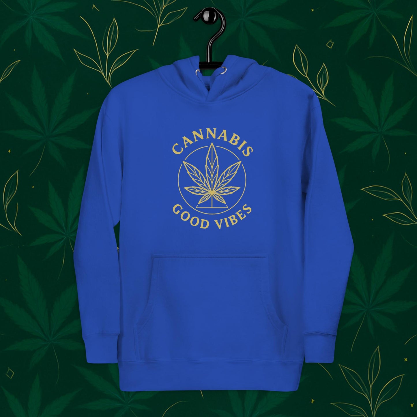 Chill Monkey premium hoodie “Good Vibes” with matte-gold cannabis leaf emblem and circular text, streetwear 420 style, front view, blue color.