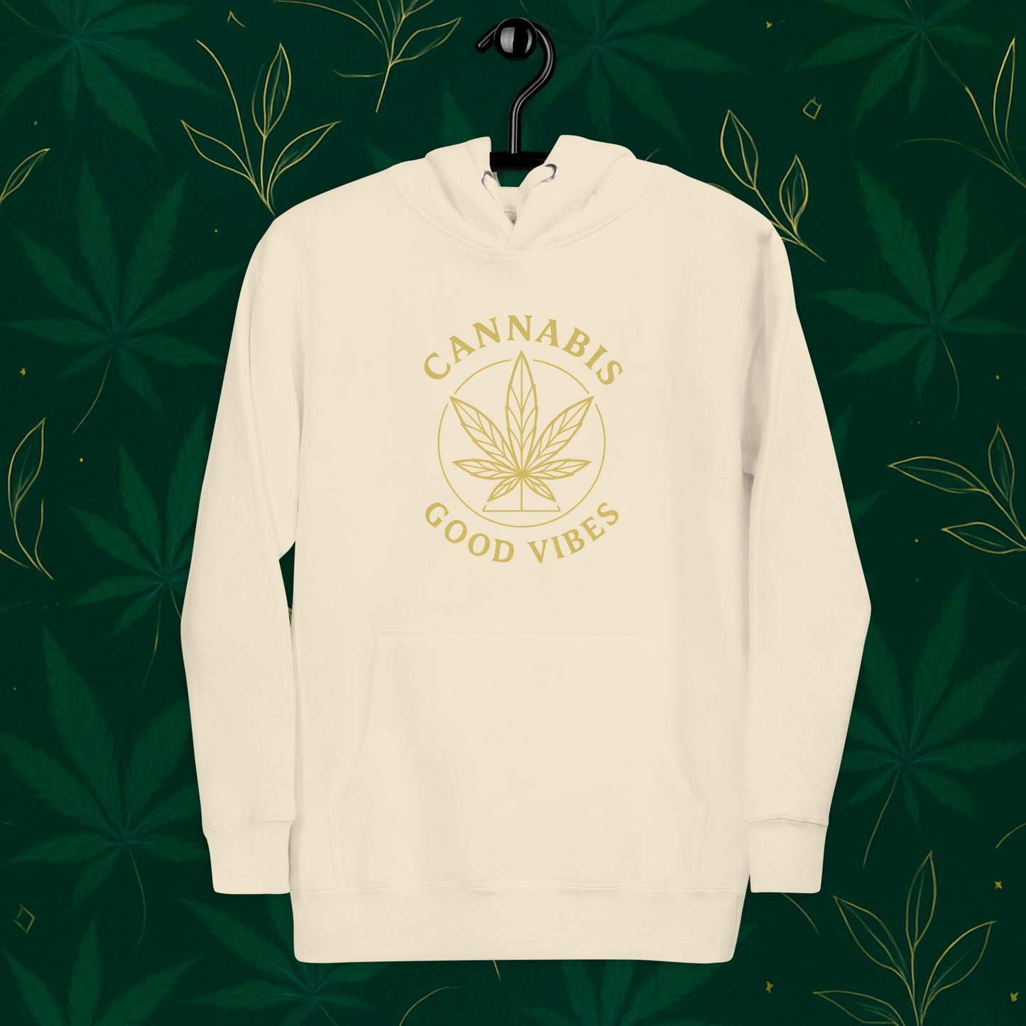 Chill Monkey premium hoodie “Good Vibes” with matte-gold cannabis leaf emblem and circular text, streetwear 420 style, front view, bone color.