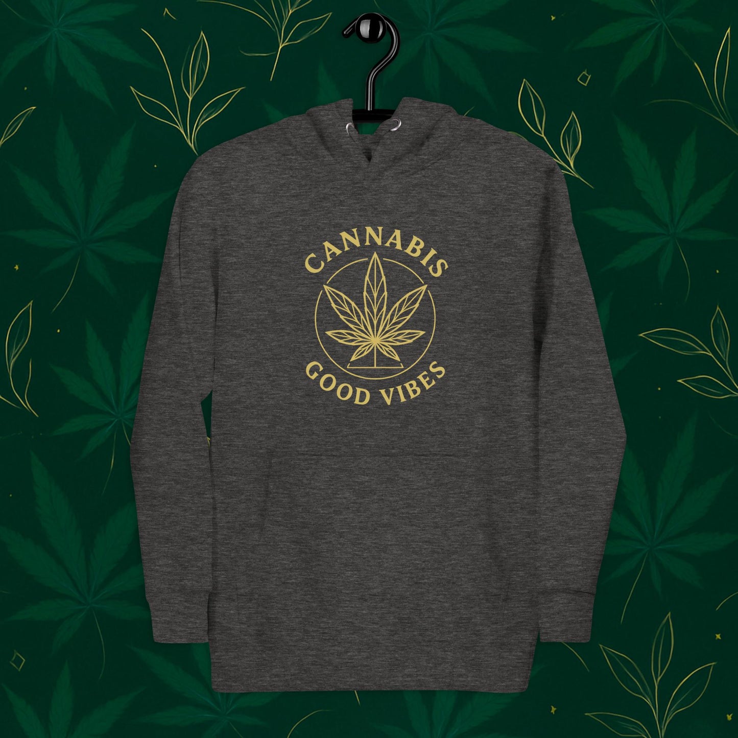 Chill Monkey premium hoodie “Good Vibes” with matte-gold cannabis leaf emblem and circular text, streetwear 420 style, front view, grey color.