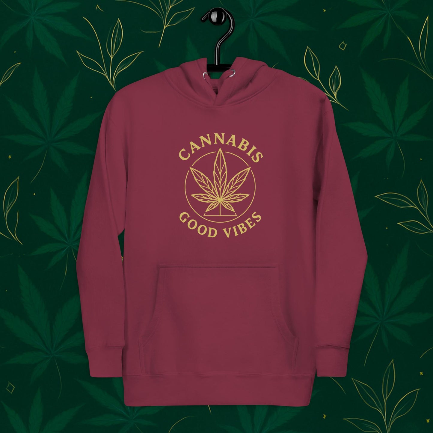 Chill Monkey premium hoodie “Good Vibes” with matte-gold cannabis leaf emblem and circular text, streetwear 420 style, front view, maroon color.