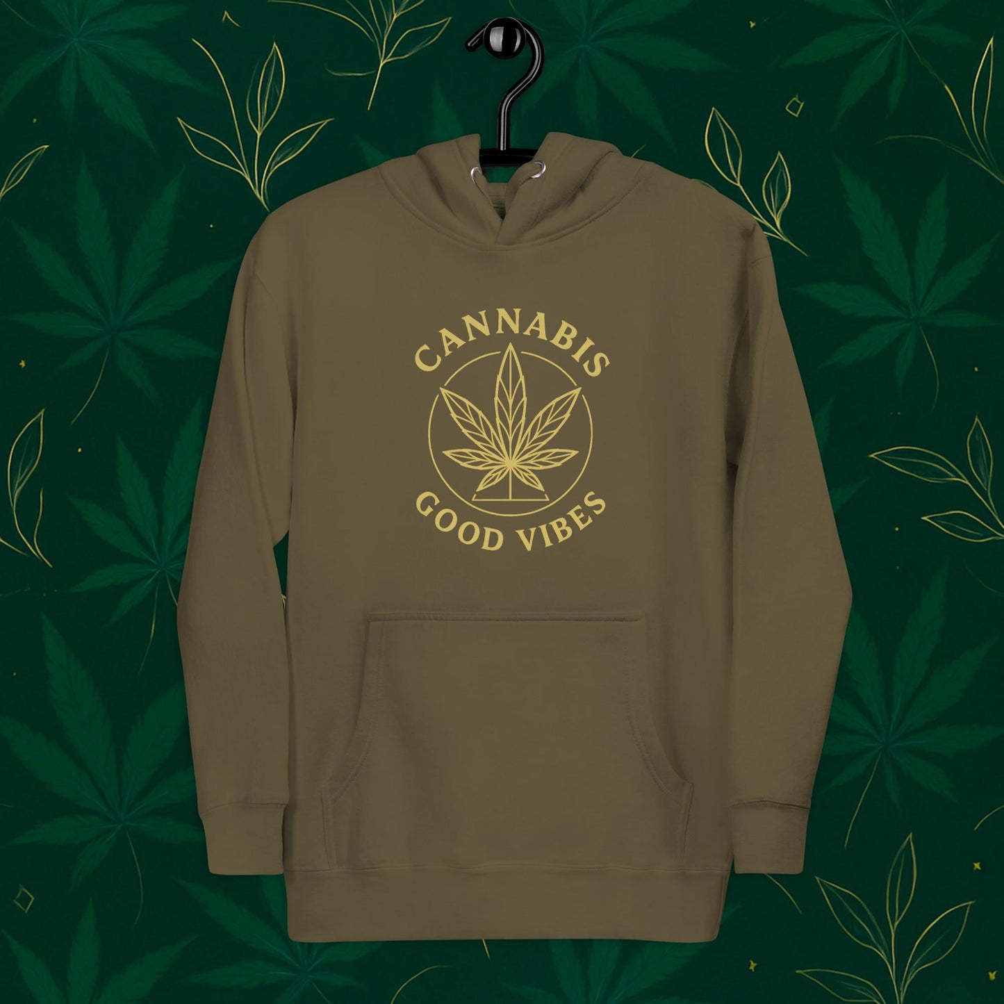 Chill Monkey premium hoodie “Good Vibes” with matte-gold cannabis leaf emblem and circular text, streetwear 420 style, front view, military-green color.
