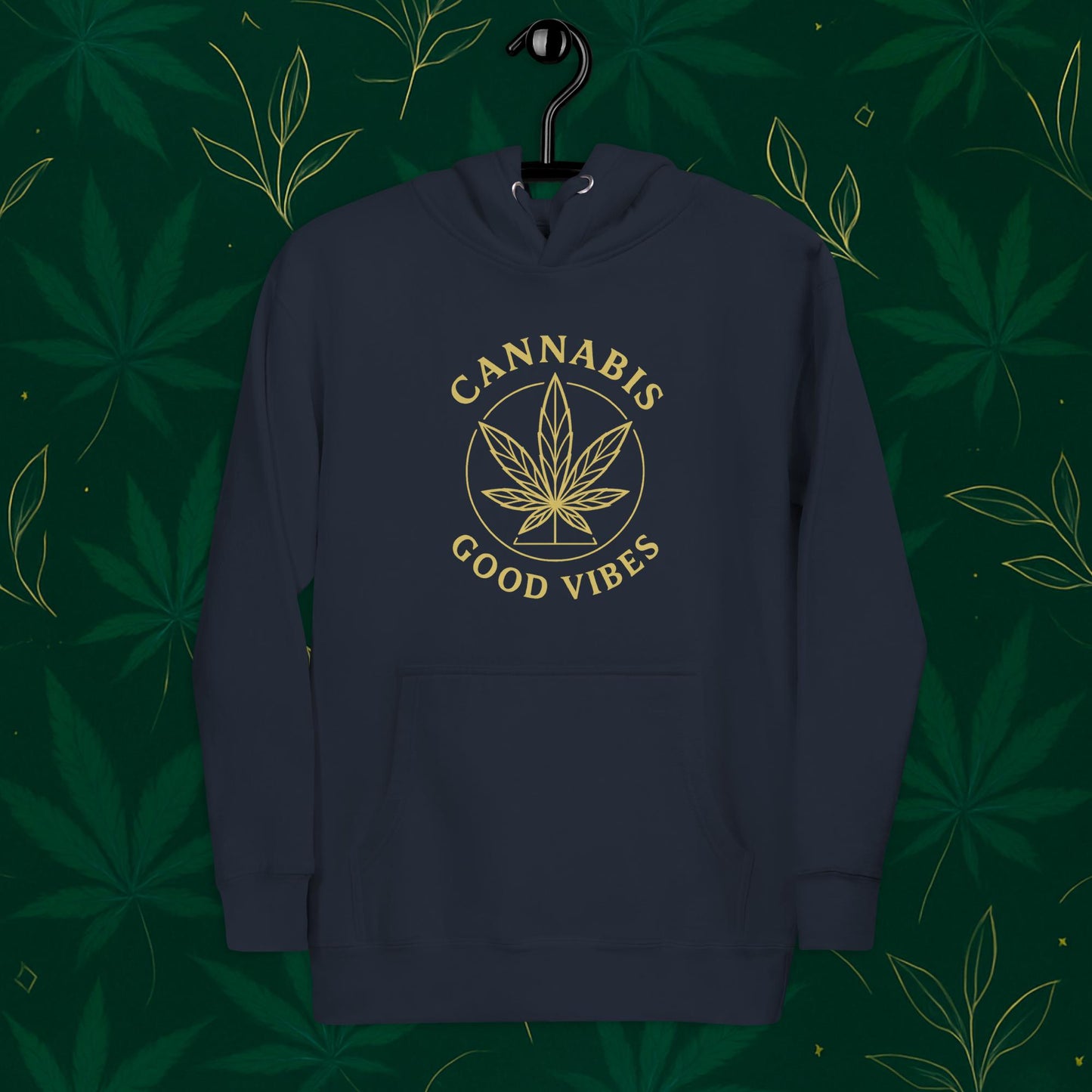 Chill Monkey premium hoodie “Good Vibes” with matte-gold cannabis leaf emblem and circular text, streetwear 420 style, front view, navy color.