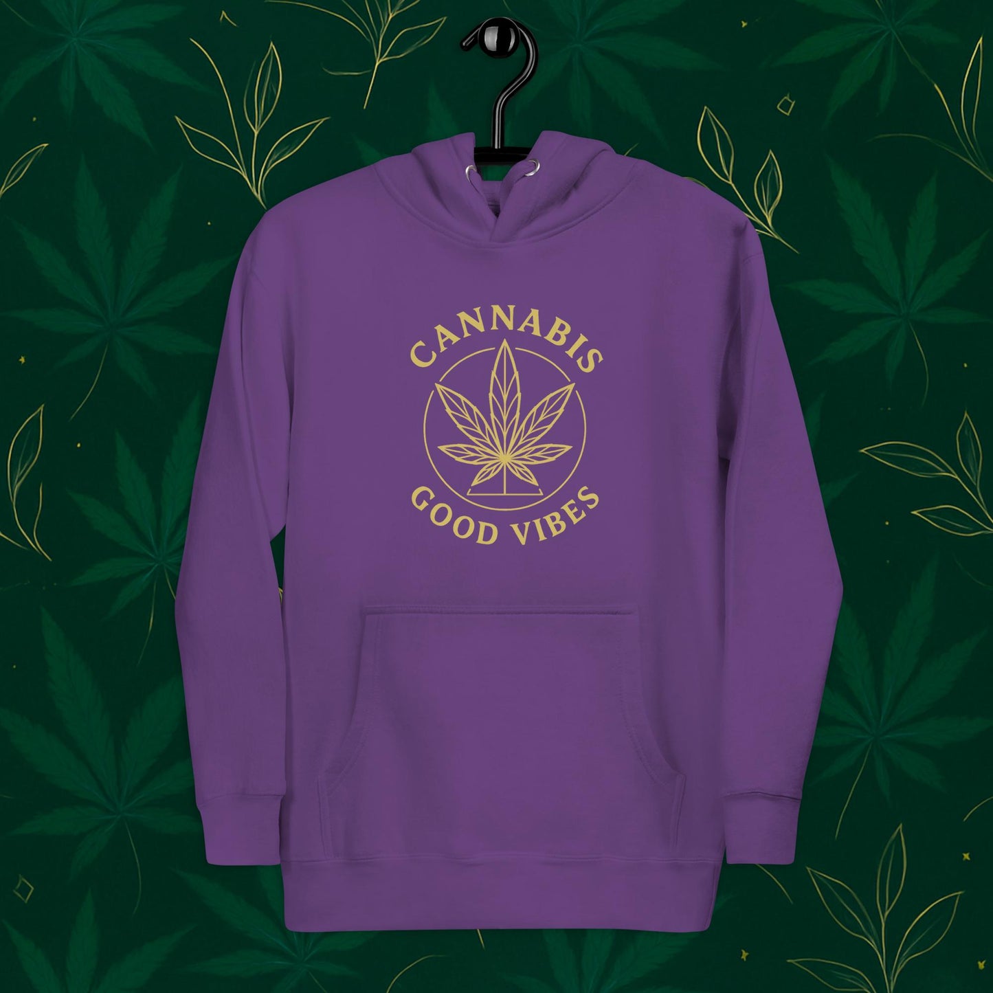 Chill Monkey premium hoodie “Good Vibes” with matte-gold cannabis leaf emblem and circular text, streetwear 420 style, front view, purple color.