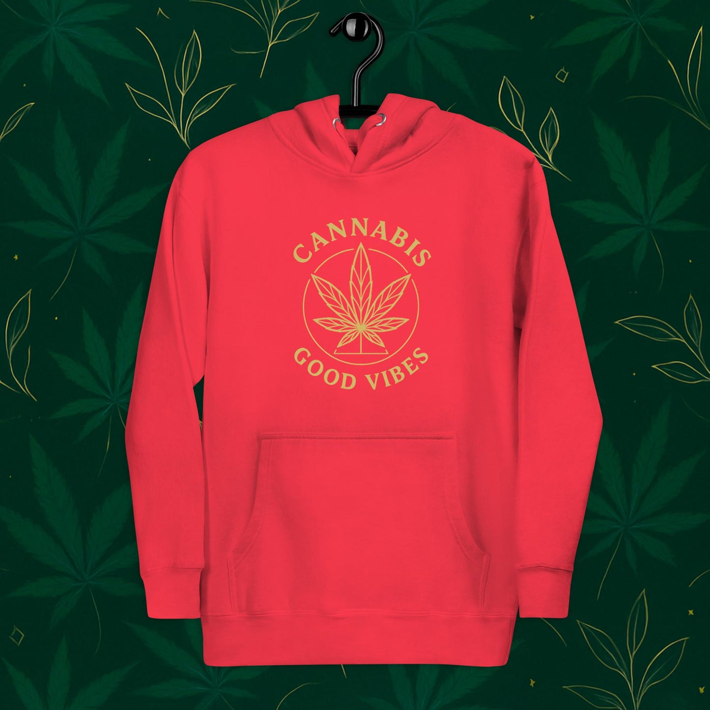 Chill Monkey premium hoodie “Good Vibes” with matte-gold cannabis leaf emblem and circular text, streetwear 420 style, front view, red color.